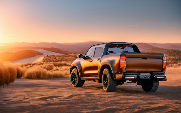 Photo of futuristic and modern pickup in landscape