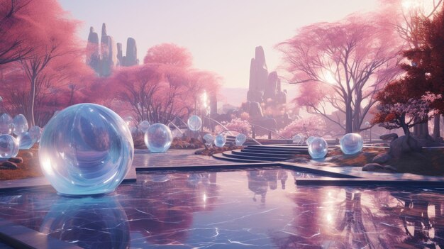 A photo of a futuristic park holographic trees