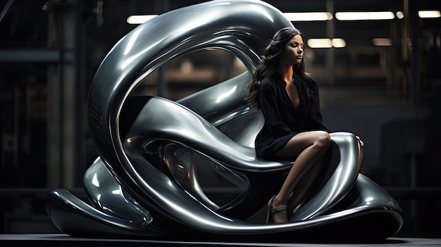 A photo of a futuristic sculpture metallic curves