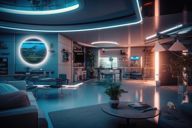 Photo of a futuristic smart home showcasing automated systems and interconnected devices Generative AI