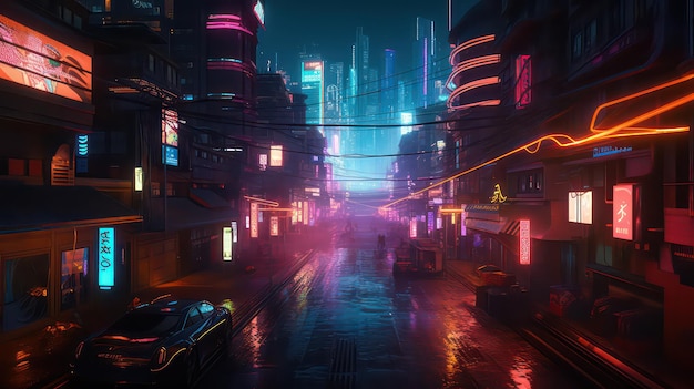 Фото футуристической улицы с неоновыми огнями и ярким генеративным AI