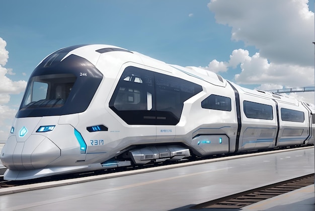 滑らかな線路を空を駆け抜ける未来的な列車の写真