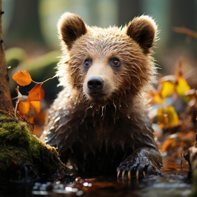 Photo of a fuzzy baby bear cub exploring the forest