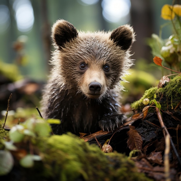 Photo of a fuzzy baby bear cub exploring the forest