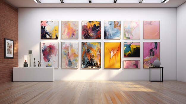 A photo of a gallery wall featuring a collection of diverse art