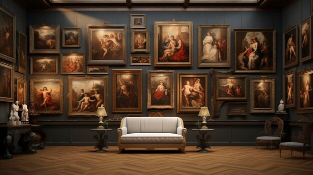 A photo of a gallery with vintage artwork