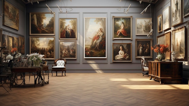 A photo of a gallery with vintage artwork