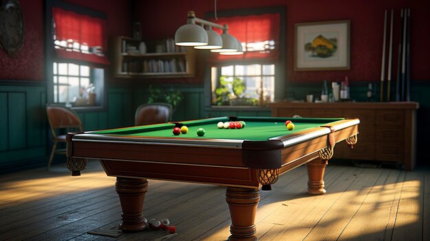 A photo of a game room with a billiards table