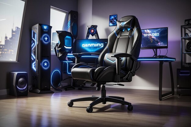 Photo of a game room with a chair and a monitor that says games on it