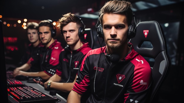 Photo of gamer esport team wearing jersey playing in tournament generated by AI