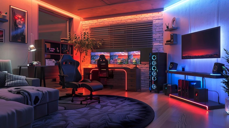 Photo a photo of a gaming room with led lighting