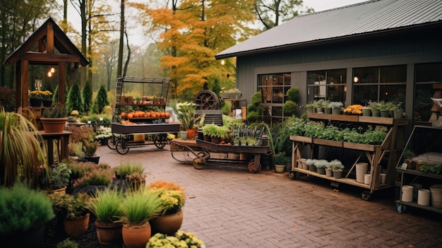 A photo of a garden center with gardening supplies soft overcast light