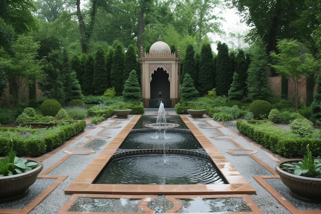 Photo a photo of a garden featuring a central fountain surrounded by lush vegetation and blooming flowers a tranquil islamicinspired garden with a serene water feature ai generated