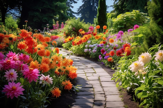 Photo of Garden path lined with blooming dahlias Flower Garden