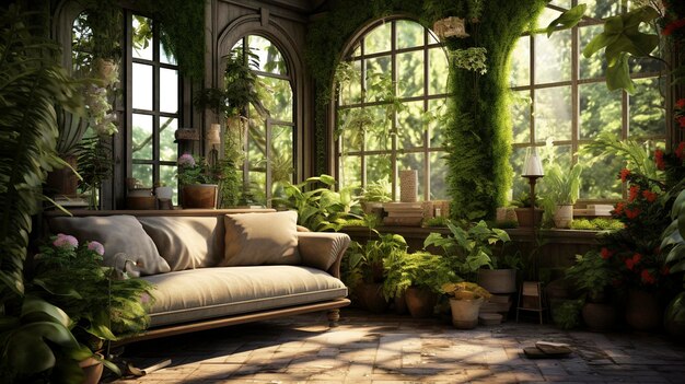 Фото садовой комнаты с обильной зеленью и естественным освещением