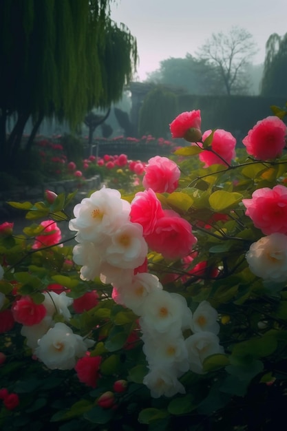 A photo of a garden with pink and white flowers