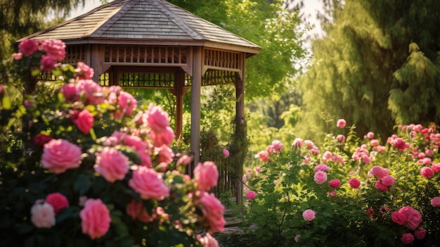 A photo of a garden with a wooden gazebo blooming roses