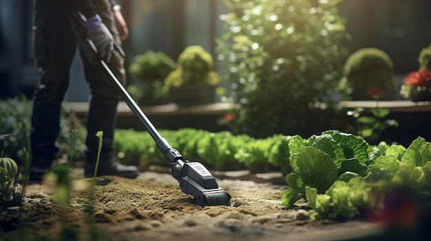 A photo of a gardener using a solar powered garden tool