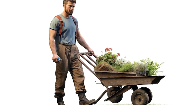 A photo of a gardener with a wheelbarrow