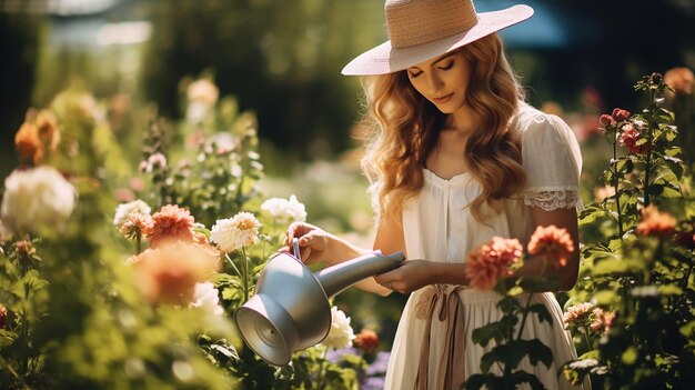 photo gardening in summer woman watering flowers with a watering can girl wearing a hat