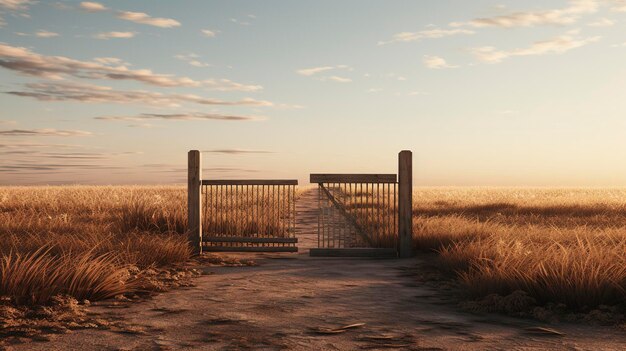 A photo of a gate with a minimalist landscape