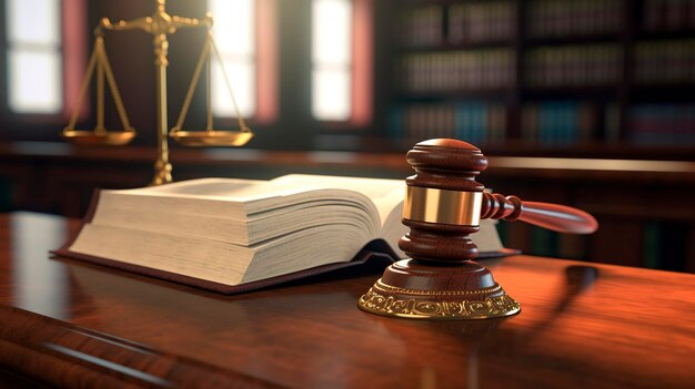 Photo a photo of a gavel and law book on a judges bench