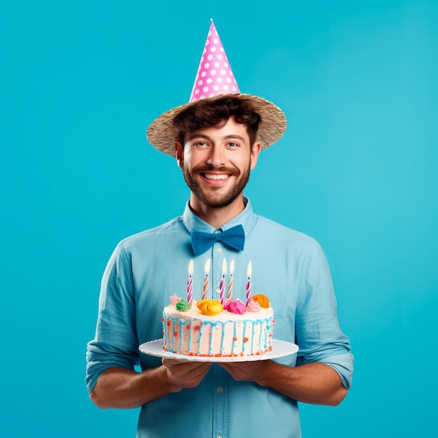 photo gelukkige jonge man viert verjaardag met feestmuts