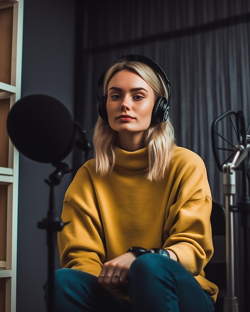 Photo photo gen z women at the podcast studio