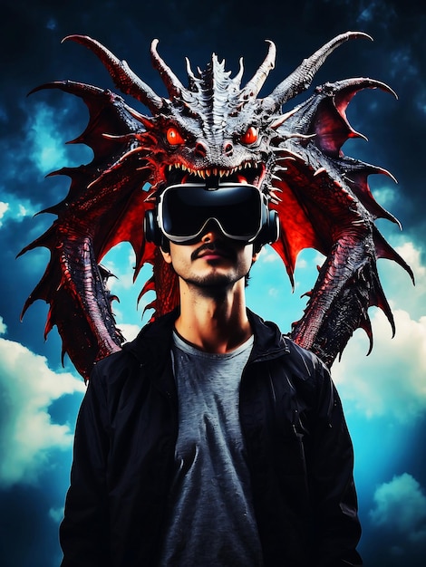 Фото Иллюстрация человека с виртуальной реальностью, играющего в игровой фон, сгенерированная ai