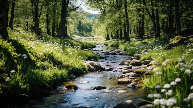 A photo of a gentle stream flowing through a forest