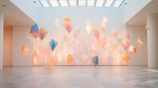 A photo of a geometric art installation in a museum white wall backdrop