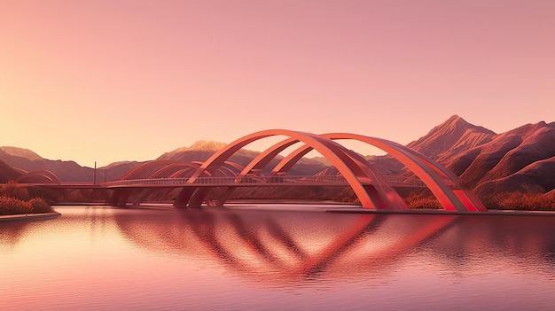 A photo of a geometric bridge with intersecting beams river and mountain backdrop