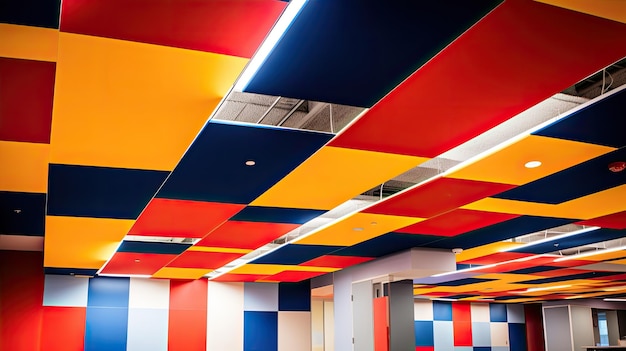 A photo of a geometric patterned ceiling modern office interior