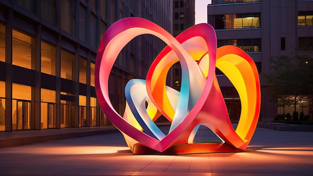 A photo of a geometric sculpture with intersecting curves urban plaza backdrop