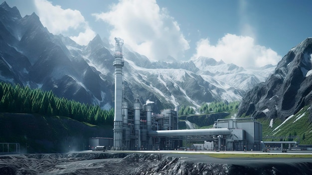 Photo a photo of a geothermal power station with a mountainous backdrop