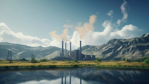 Photo a photo of a geothermal power station with a mountainous backdrop