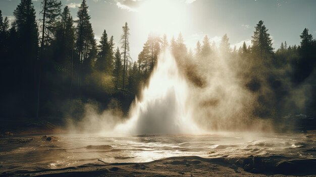 A photo of a geyser in Canada boreal forest backdrop