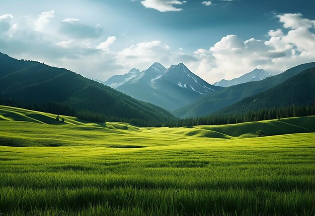 緑の草原の自然の背景にある巨大な山の写真