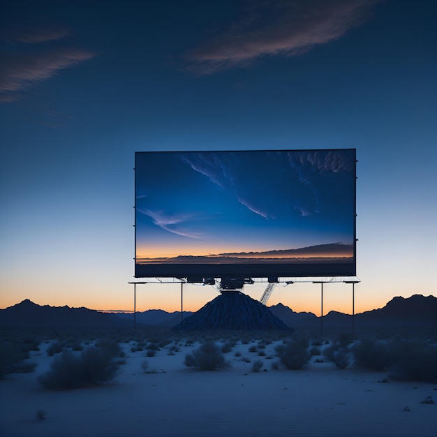 Photo of a giant screen in the middle of a barren desert landscape under a clear blue sky