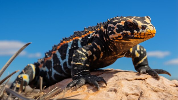 Photo of a gila monster under blue sky