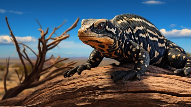 Photo of a gila monster under blue sky