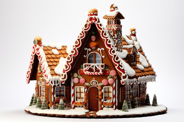 Photo gingerbread house surrounded by festive decorations and lights created with generative ai