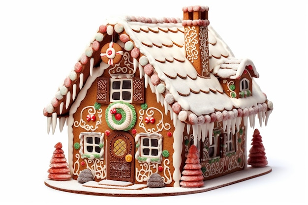 Photo gingerbread house surrounded by festive decorations and lights created with generative ai