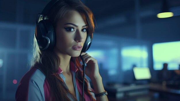 A photo of a girl in a call center resolving technical problem