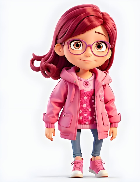 Photo a girl cartoon character with a pink jacket and glasses