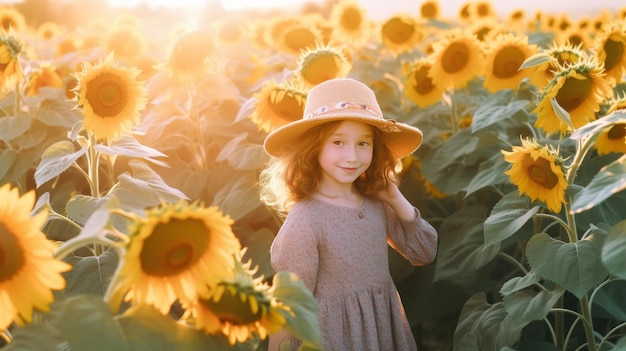 Фото девочки, позирующей в шляпе на поле подсолнухов ai генеративное