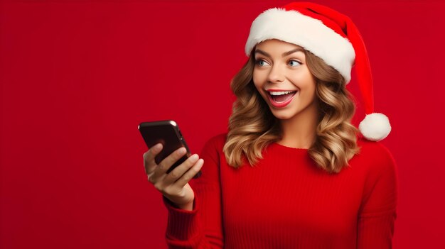 Photo girl in christmas sweater and santa claus hat uses smartphone typing message for online sale