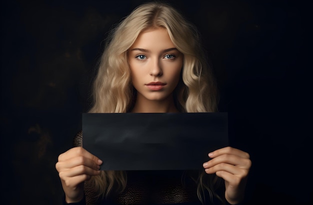 Photo photo girl holding paper for black friday discount sales offer with copy space text generative ai