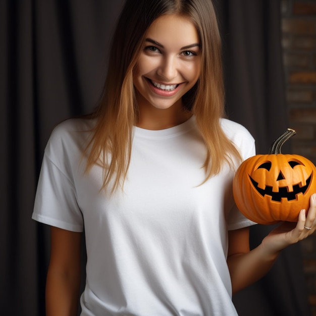 Photo of a girl holding scary halloween pumpkin wearing a plain white tshirt