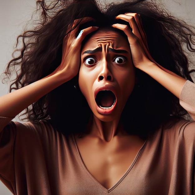 Фото девушка в огромной беде паника шокирована расстроенная брюнетка женщина вытаскивает волосы с головы гримасирует в соро